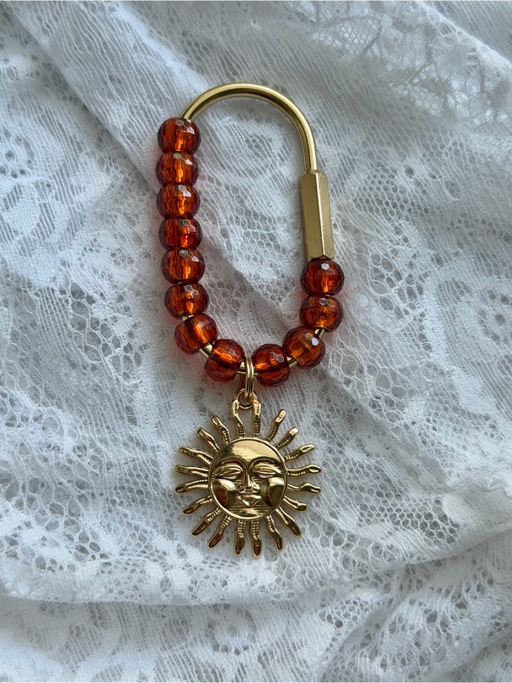Gold Sun Charm Beaded Keyring Bag Charm Amber Beads